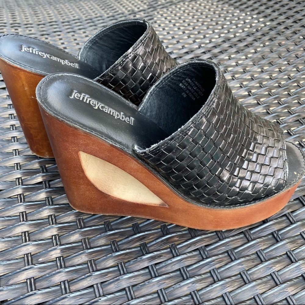 Free People Black Woven Leather Platform Mules with Brown Wood Wedge